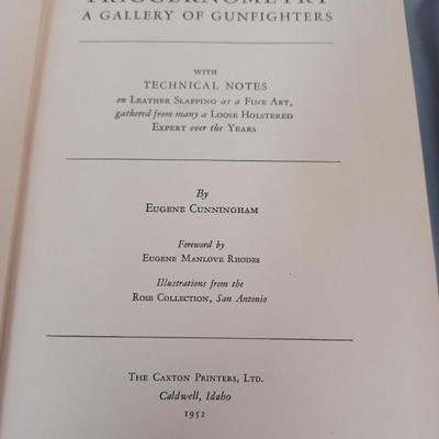 Sale Photo Thumbnail #105: Vintage Books: owned by Fred Bear:
 A Treasury of African Hunting by Peter Barrett 
Weapons by Edwin Tunis 
Triggernometry by Eugene Cunnigham Ed McGiverns Book on Fast and Fancy Revolver shooting 
Hell on Ice by Commander Edward Ellsbeeg 
Shots at Whitet