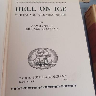 Sale Photo Thumbnail #111: Vintage Books: owned by Fred Bear:
 A Treasury of African Hunting by Peter Barrett 
Weapons by Edwin Tunis 
Triggernometry by Eugene Cunnigham Ed McGiverns Book on Fast and Fancy Revolver shooting 
Hell on Ice by Commander Edward Ellsbeeg 
Shots at Whitet