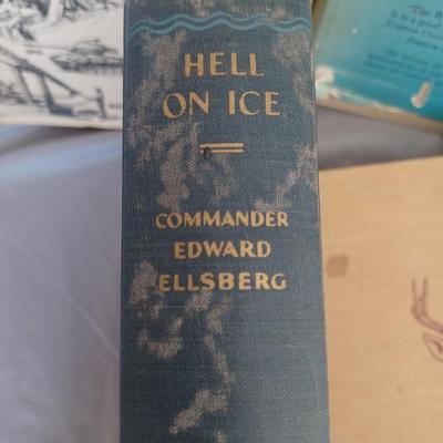 Sale Photo Thumbnail #115: Vintage Books: owned by Fred Bear:
 A Treasury of African Hunting by Peter Barrett 
Weapons by Edwin Tunis 
Triggernometry by Eugene Cunnigham Ed McGiverns Book on Fast and Fancy Revolver shooting 
Hell on Ice by Commander Edward Ellsbeeg 
Shots at Whitet