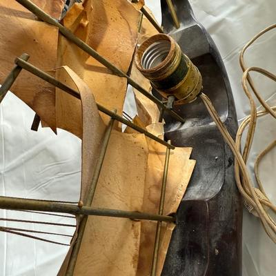 MCM Wooden Mayflower ship lamp, sailboat crafted w/genuine horn