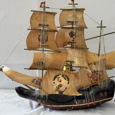 MCM Wooden Mayflower ship lamp, sailboat crafted w/genuine horn