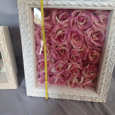Sale Photo Thumbnail #147: 2-shadow box picture frames with flowers inside. One is white and the other 
is off-white.