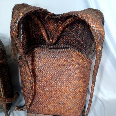 Sale Photo Thumbnail #153: 2 Very old and rare backpacks. The smaller one is a Vintage Japanese Trail Basket/backpack. The taller one is a Ifugo Hunters Phillipino Backpack from 1850's.