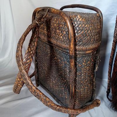 Sale Photo Thumbnail #150: 2 Very old and rare backpacks. The smaller one is a Vintage Japanese Trail Basket/backpack. The taller one is a Ifugo Hunters Phillipino Backpack from 1850's.