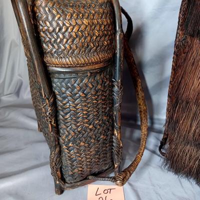 Sale Photo Thumbnail #149: 2 Very old and rare backpacks. The smaller one is a Vintage Japanese Trail Basket/backpack. The taller one is a Ifugo Hunters Phillipino Backpack from 1850's.