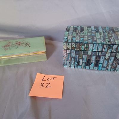 Sale Photo Thumbnail #196: 2 jewelry box or trinket boxes. One is a vintage alabaster with flowers the other is a blue mosaic box.