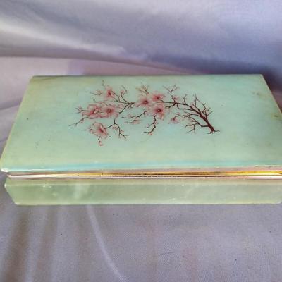 Sale Photo Thumbnail #195: 2 jewelry box or trinket boxes. One is a vintage alabaster with flowers the other is a blue mosaic box.