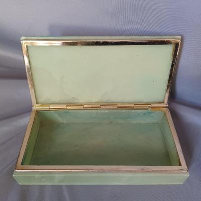Sale Photo Thumbnail #194: 2 jewelry box or trinket boxes. One is a vintage alabaster with flowers the other is a blue mosaic box.
