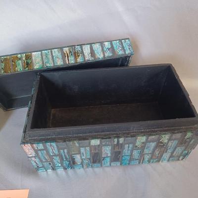 Sale Photo Thumbnail #192: 2 jewelry box or trinket boxes. One is a vintage alabaster with flowers the other is a blue mosaic box.