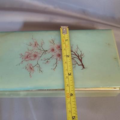 Sale Photo Thumbnail #190: 2 jewelry box or trinket boxes. One is a vintage alabaster with flowers the other is a blue mosaic box.