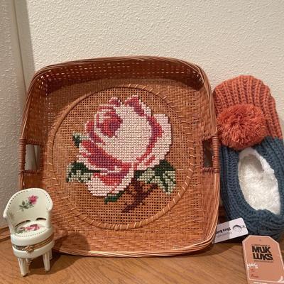 Muk Luks slippers, tray and trinket chair