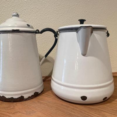 2 Vintage white enamelware white Kettles