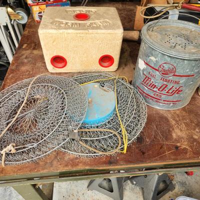 Fishing Lot Vintage Frabill's Full Floating Min-O-Life Minnow Bucket Metal, Worm Farm, 2 Fish Storage Baskets