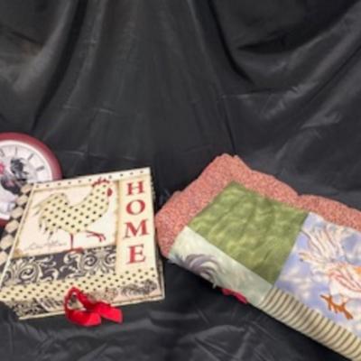 ROOSTER WALL CLOCK, BOX AND QUILT