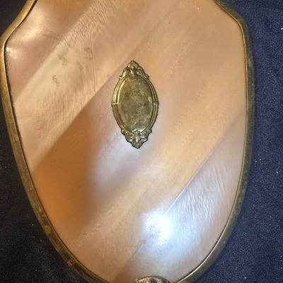 BRASS BASE DOUBLE LIGHTED LAMP, VANITY MIRROR, 2 NECKLACES AND A PURSE