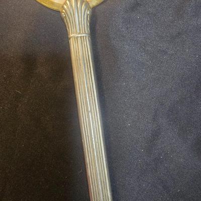 BRASS BASE DOUBLE LIGHTED LAMP, VANITY MIRROR, 2 NECKLACES AND A PURSE