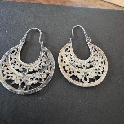 Mexican Sterling Silver Arracada Hoop Earrings with bird motif.
