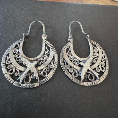 Mexican Sterling Silver Arracada Hoop Earrings with bird motif.