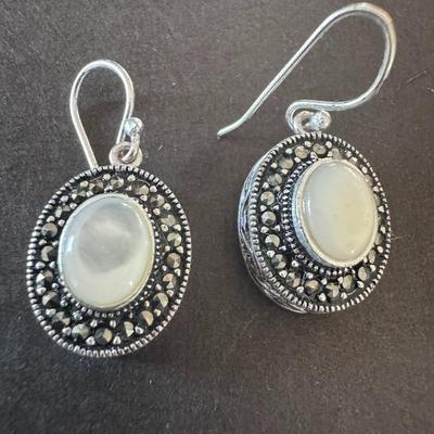 Sterling Silver Marcasite and Mother of Pearl Drop Earrings.
