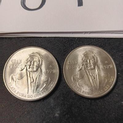 TWO 1979 CIEN PESOS .720 SILVER
