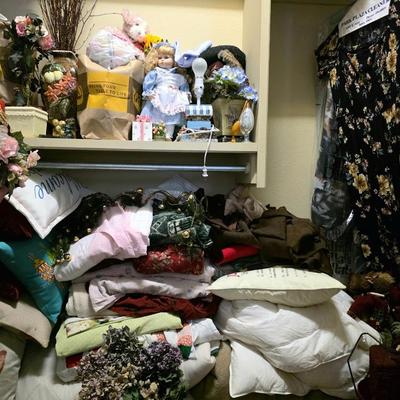 Sale Photo Thumbnail #62: Closet full of miscellaneous items including decor, florals, linens including a blue and yellow quilted daybed comforter set.