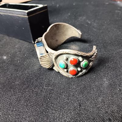 NATIVE AMERICAN CRAFTED TURQUOISE AND STERLING CUFF WATCH BAND