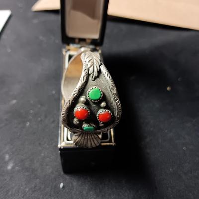 NATIVE AMERICAN CRAFTED TURQUOISE AND STERLING CUFF WATCH BAND