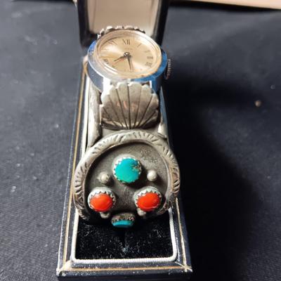 NATIVE AMERICAN CRAFTED TURQUOISE AND STERLING CUFF WATCH BAND
