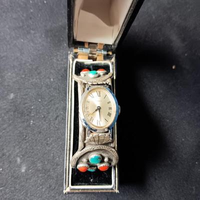 NATIVE AMERICAN CRAFTED TURQUOISE AND STERLING CUFF WATCH BAND