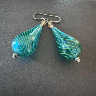 Hand Blown Lampwork Glass Teardrop or Pear-Shaped Dangle Earrings.