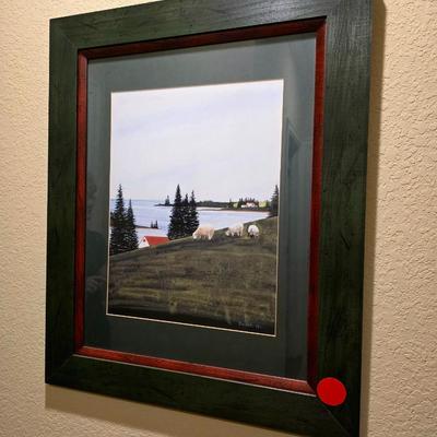 Sale Photo Thumbnail #70: Framed and matted sheep grazing art print by Tony Diodati, 1993. Frame measures 33"H x 27"L