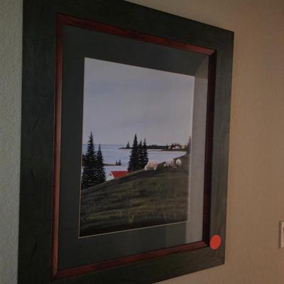 Sale Photo Thumbnail #69: Framed and matted sheep grazing art print by Tony Diodati, 1993. Frame measures 33"H x 27"L