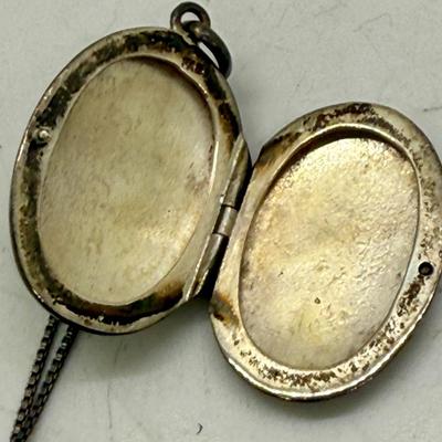 Sale Photo Thumbnail #161: 24" necklace chain. Cameo pendant opens to reveal 2 spaces for small oval photos. Oval stone looks to be made of onyx.