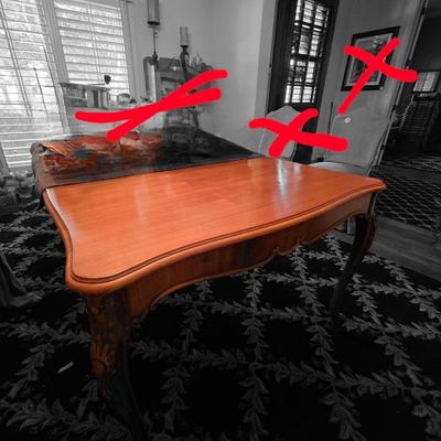 Sale Photo Thumbnail #73: French country dining table. Table only. No chairs. Nothing else in the background is included. Table measures 74.5"L with leaf x43"H x 30"W. The one leaf is the standard 12"W.