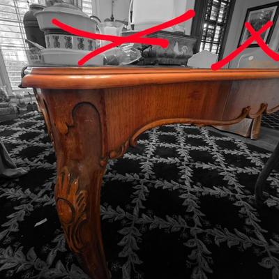 Sale Photo Thumbnail #74: French country dining table. Table only. No chairs. Nothing else in the background is included. Table measures 74.5"L with leaf x43"H x 30"W. The one leaf is the standard 12"W.
