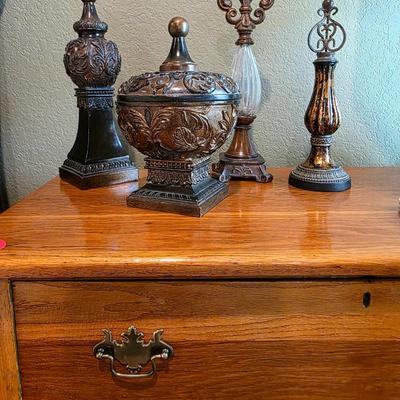 Sale Photo Thumbnail #81: 1 nightstand with 4 tabletop decor pieces. Original photo was deleted by mistake, but I believe it is 3 drawers. The measurements are 31"H x38"W x 18"D.