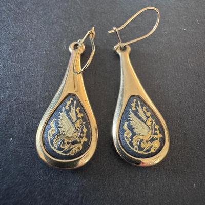 DAMASCENE Spanish teardrop Earrings with birds and flowers.