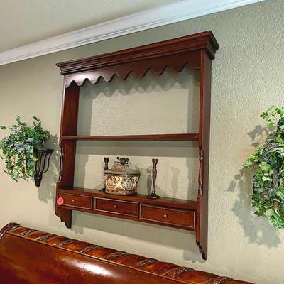 Sale Photo Thumbnail #87: King sleigh bed frame with headboard and footboard, 1 nightstand, and hanging wall shelf. Does not include mattress or bedding. `The matching 3 drawer nightstand measures 28.5"H x 30"W x 20"D. Does not include lamp. Lamps are in lot 17SS.