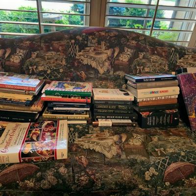 Sale Photo Thumbnail #119: Tapestry Upholstery sofa with books lot. Must take sofa and books. Sofa measures 77"L x 33"D x 35"H