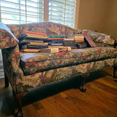 Sale Photo Thumbnail #121: Tapestry Upholstery sofa with books lot. Must take sofa and books. Sofa measures 77"L x 33"D x 35"H