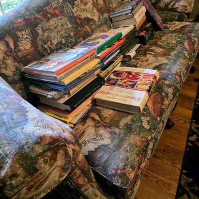 Sale Photo Thumbnail #120: Tapestry Upholstery sofa with books lot. Must take sofa and books. Sofa measures 77"L x 33"D x 35"H