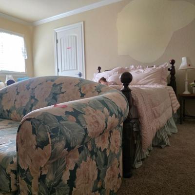 Sale Photo Thumbnail #142: Queen bed including headboard, footboard, mattress and bedding with pull out sofa bed and side table, lamp and basket of beanie babies