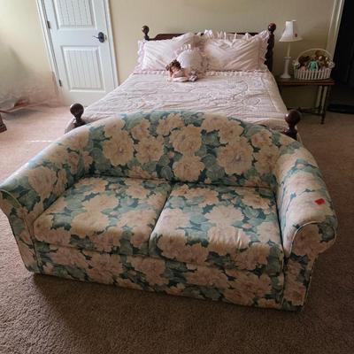 Sale Photo Thumbnail #141: Queen bed including headboard, footboard, mattress and bedding with pull out sofa bed and side table, lamp and basket of beanie babies