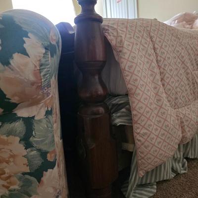 Sale Photo Thumbnail #143: Queen bed including headboard, footboard, mattress and bedding with pull out sofa bed and side table, lamp and basket of beanie babies