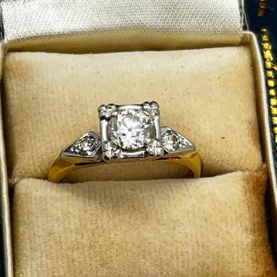 LOT 75: GORGEOUS Vintage Art Deco 14K Yellow & White Gold Genuine Earth Mined Old Mine Cut Diamond Engagement Ring - 2.95 GTW - Size...