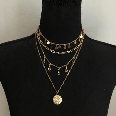 Beautiful, gold, toned, multi layered multi colored crystal charm medallion necklace