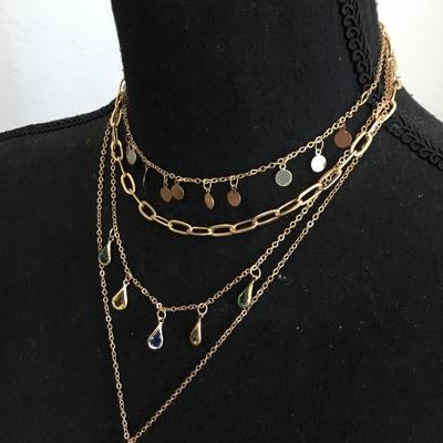Beautiful, gold, toned, multi layered multi colored crystal charm medallion necklace
