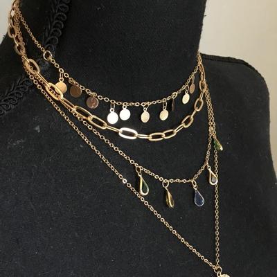 Beautiful, gold, toned, multi layered multi colored crystal charm medallion necklace