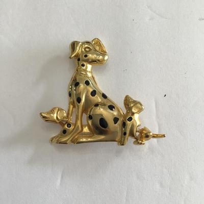 Adorable, vintage, gold tone Dalmatians with articulating puppy, heads and bodies
