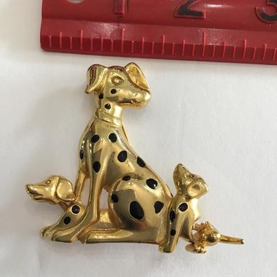 Adorable, vintage, gold tone Dalmatians with articulating puppy, heads and bodies